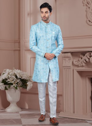 Aqua Blue Imported Indo Western Sherwani with Buttons, Digital Print, Machine Embroidery, Stone and Thread Work for Men