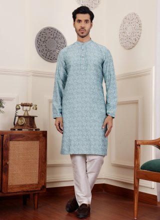 Aqua Blue Jacquard and Woven Work Viscose Kurta Pyjama