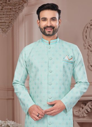 Aqua Blue Jacquard Sequins, Stone, Thread and Zari Work Indo Western for Ceremonial