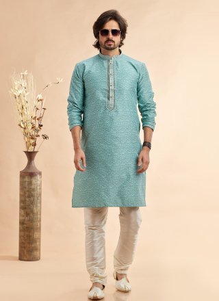 Aqua Blue Jacquard Silk Machine Embroidery and Mirror Work Kurta Pyjama for Casual