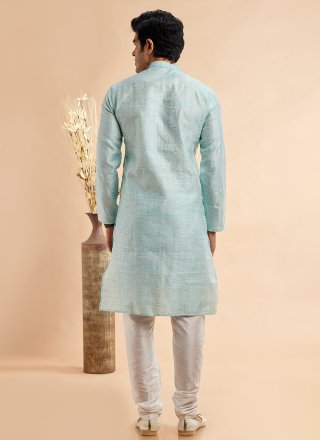 Aqua Blue Jacquard Silk Machine Embroidery Work Kurta Pyjama for Casual