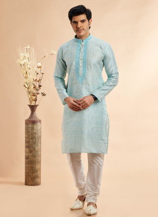 Aqua Blue Jacquard Silk Machine Embroidery Work Kurta Pyjama for Casual