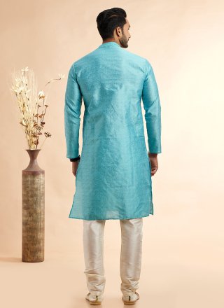 Aqua Blue Jacquard Silk Machine Embroidery Work Kurta Pyjama for Men