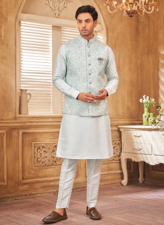 Aqua Blue Jacquard Work Brocade Kurta Payjama with Jacket
