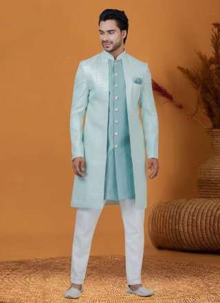Aqua Blue Jacquard Work Jacquard Silk Indo Western