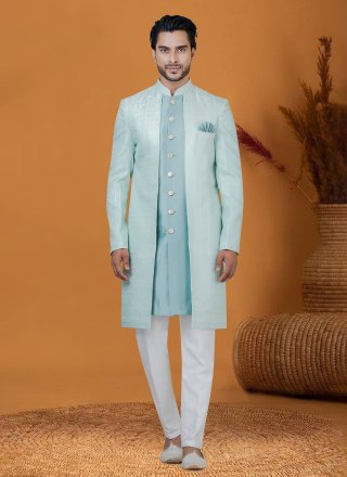 Aqua Blue Jacquard Work Jacquard Silk Indo Western
