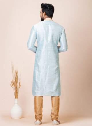Aqua Blue Jacquard Work Silk Kurta Pyjama