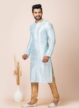 Aqua Blue Jacquard Work Silk Kurta Pyjama