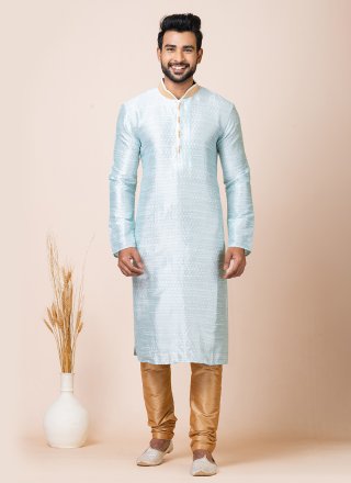 Aqua Blue Jacquard Work Silk Kurta Pyjama