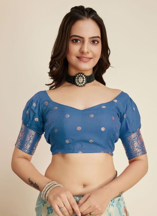 Aqua Blue Kanjivaram Silk Contemporary Saree with Weaving Work