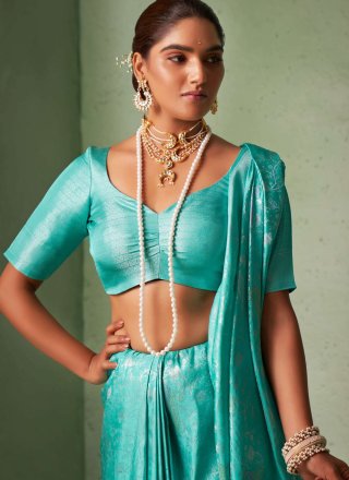 Aqua Blue Kanjivaram Silk Contemporary Sari with Woven Work