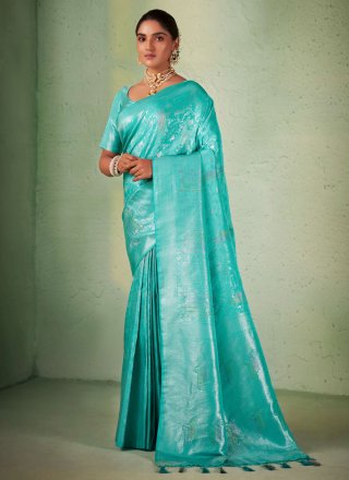 Aqua Blue Kanjivaram Silk Contemporary Sari with Woven Work