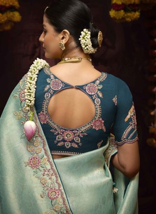 Aqua Blue Kanjivaram Silk Trendy Saree with Embroidered, Weaving and Zari Work for Women