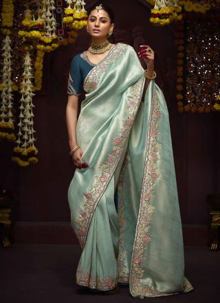 Aqua Blue Kanjivaram Silk Trendy Saree with Embroidered, Weaving and Zari Work for Women