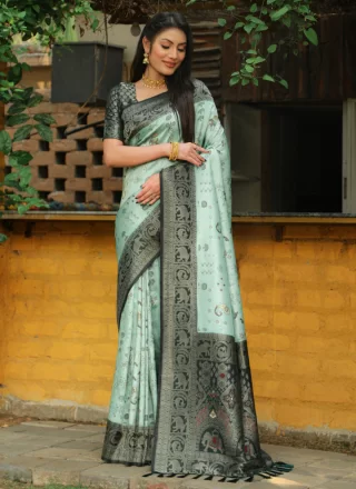 Aqua Blue Kanjivaram Silk Weaving Work Trendy Saree for Women
