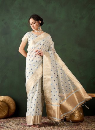 Aqua Blue Print and Woven Work Trendy Saree