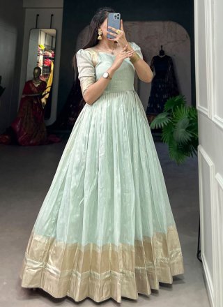 Aqua Blue Khadi Weaving and Zari Work  Designer Gown for Women