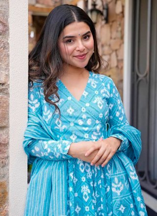 Aqua Blue Muslin Salwar Suit with Digital Print Work for Ceremonial