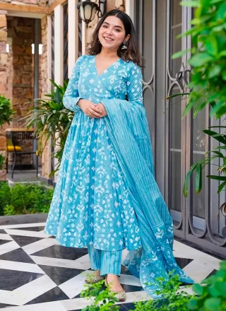 Aqua Blue Muslin Salwar Suit with Digital Print Work for Ceremonial