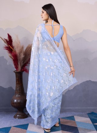 Aqua Blue Net Contemporary Saree with Embroidered and Sequins Work