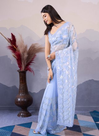 Aqua Blue Net Contemporary Saree with Embroidered and Sequins Work