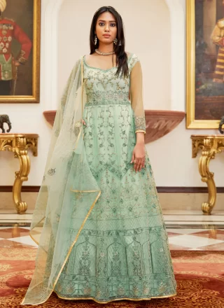 Aqua Blue Net Embroidered, Stone and Thread Work Salwar Suit