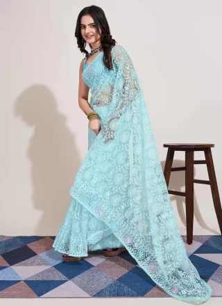 Aqua Blue Net Embroidered Work Trendy Saree for Ceremonial