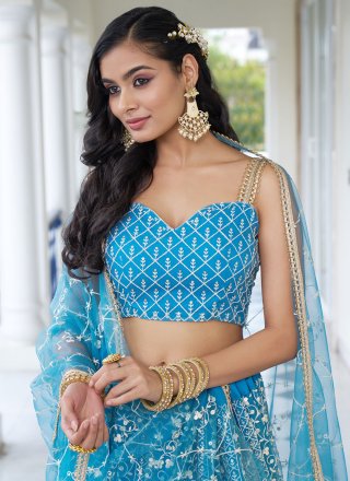 Aqua Blue Net Lehenga Choli with Embroidered, Sequins and Thread Work