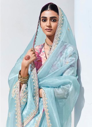 Aqua Blue Organza Classic Saree