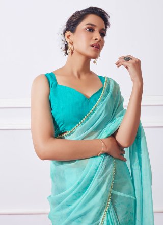 Aqua Blue Organza Classic Sari with Lace Work for Women