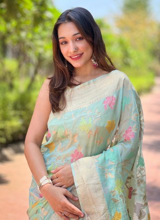 Aqua Blue Organza Contemporary Saree with Weaving Work