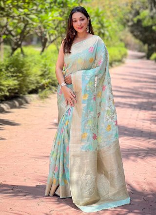 Aqua Blue Organza Contemporary Saree with Weaving Work