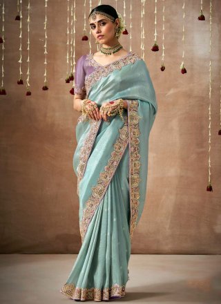 Aqua Blue Organza Designer Saree with Embroidered Work for Reception