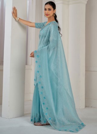 Aqua Blue Organza Designer Sari