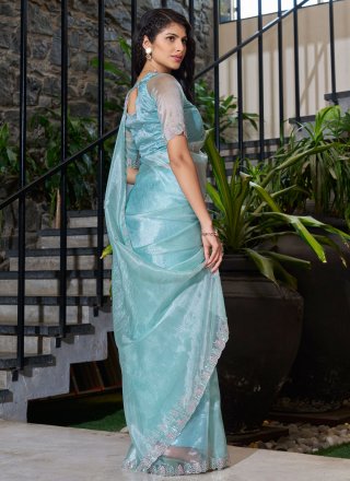 Aqua Blue Organza Designer Sari
