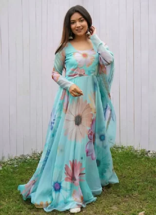 Aqua Blue Organza Digital Print Work  Designer Gown