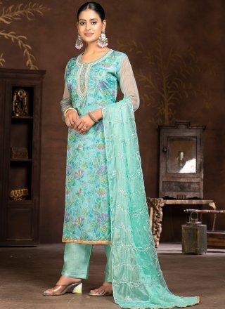 Aqua Blue Organza Embroidered and Hand Work Palazzo Salwar Suit for Women