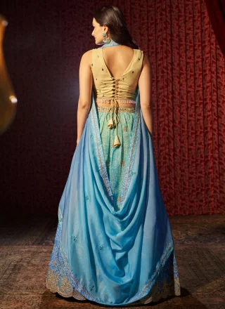 Aqua Blue Organza Embroidered and Print Work Lehenga Choli