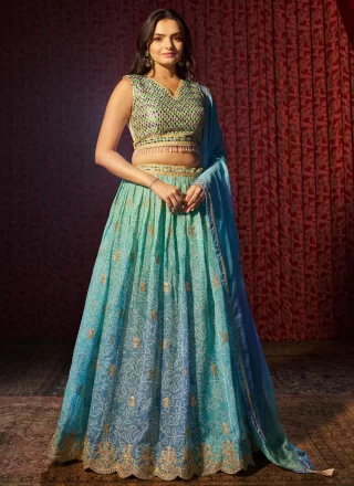 Aqua Blue Organza Embroidered and Print Work Lehenga Choli