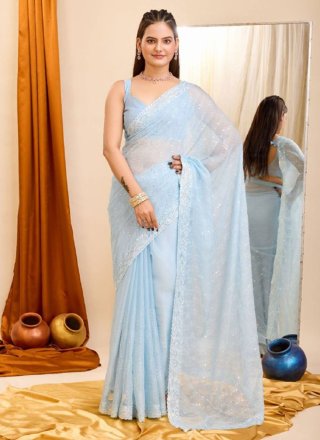 Aqua Blue Organza Embroidered and Sequins Work Trendy Saree for Women