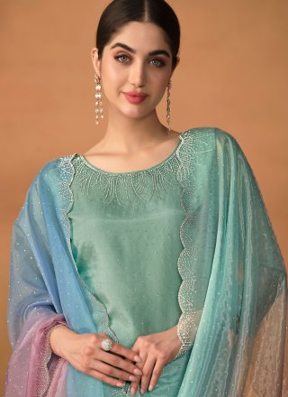 Aqua Blue Organza Embroidered and Stone Work Salwar Suit for Ceremonial