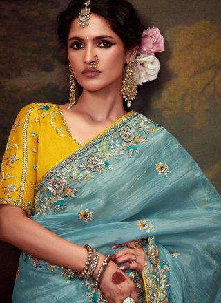Aqua Blue Organza Embroidered and Thread Work Classic Saree for Ceremonial