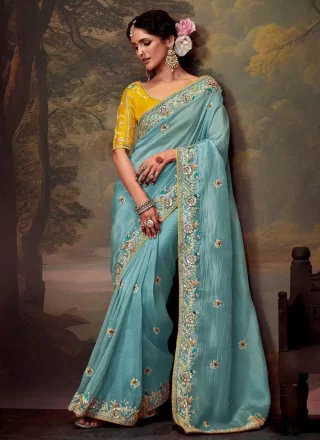 Aqua Blue Organza Embroidered and Thread Work Classic Saree for Ceremonial