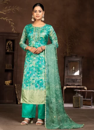Aqua Blue Organza Hand and Woven Work Salwar Suit for Ceremonial