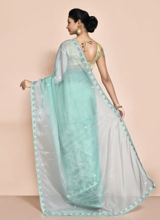 Aqua Blue Organza Hand Work Trendy Saree for Ceremonial