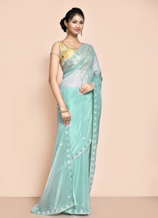 Aqua Blue Organza Hand Work Trendy Saree for Ceremonial