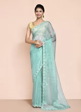 Aqua Blue Organza Hand Work Trendy Saree for Ceremonial
