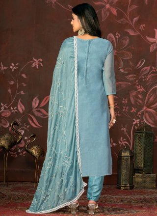 Aqua Blue Organza Pant Style Suit with Woven Work