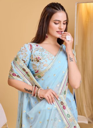 Aqua Blue Organza Patch Border, Embroidered and Sequins Work Trendy Saree for Ceremonial