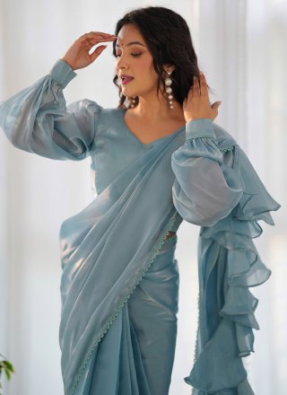 Aqua Blue Organza Patch Border Work Trendy Saree
